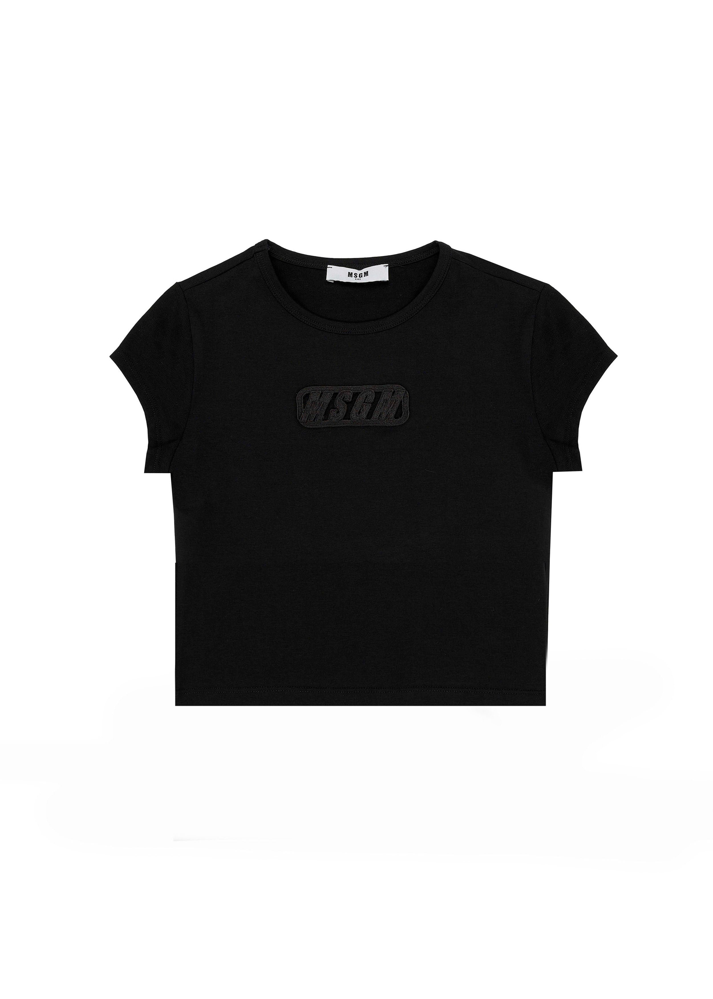 MSGM Kids T-shirt Crop Nera con Ricamo Logo per Bambine