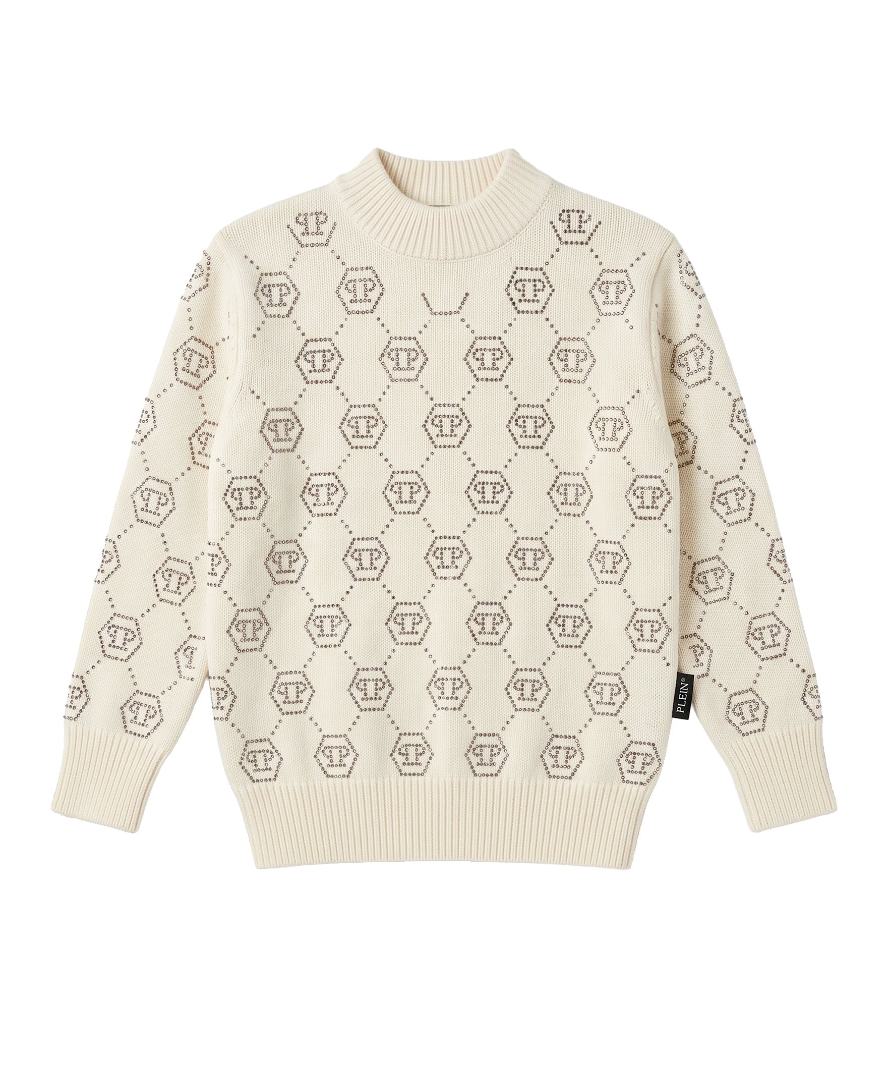 Philipp Plein Kids Maglione a Collo Alto Panna con Monogramma Esagonale di Strass Unisex per Bambini