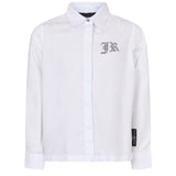 John Richmond Kids Camicia Bianca in Cotone con Logo e Scritta Rock N Roll in Strass per Bambine