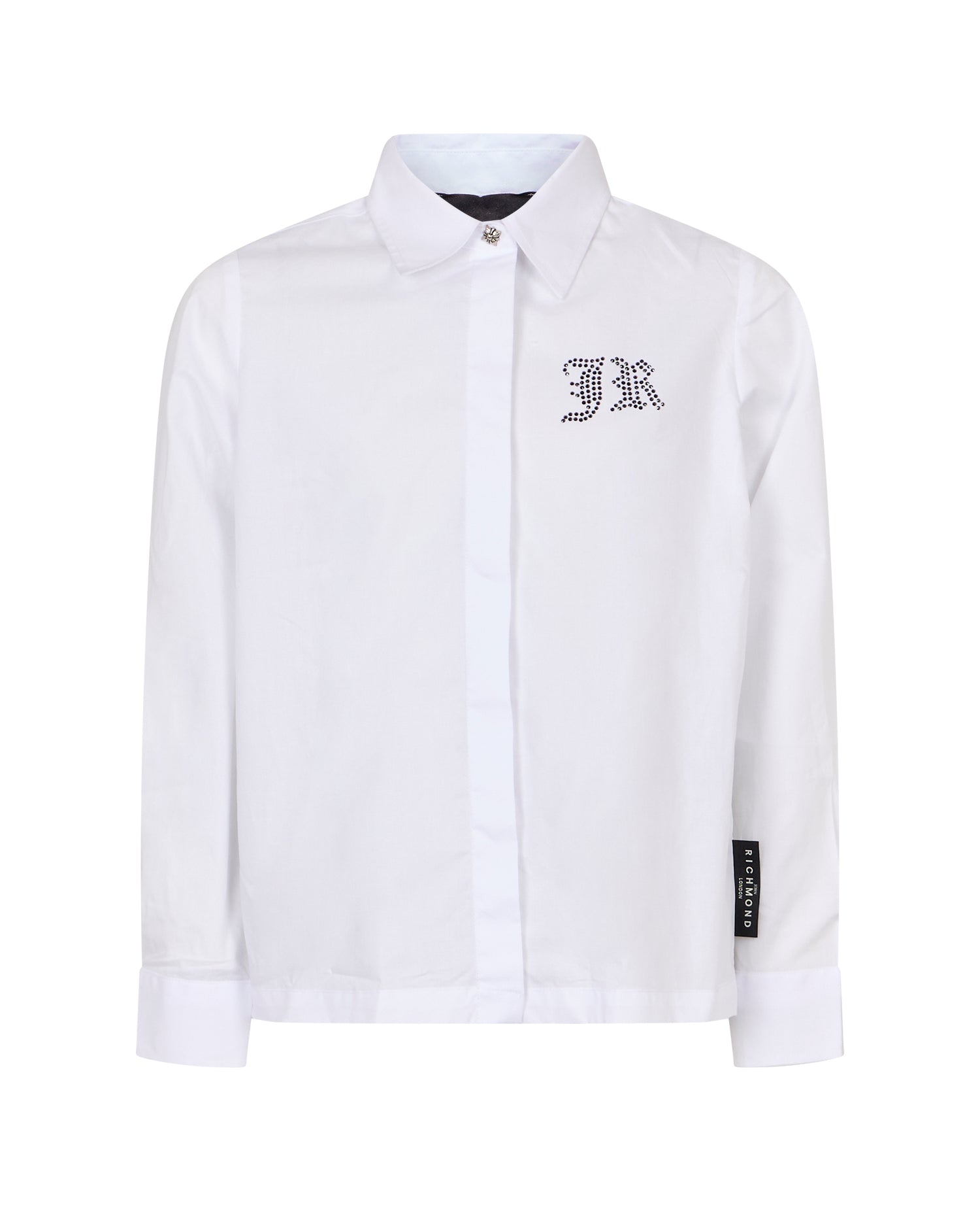 John Richmond Kids Camicia Bianca in Cotone con Logo e Scritta Rock N Roll in Strass per Bambine