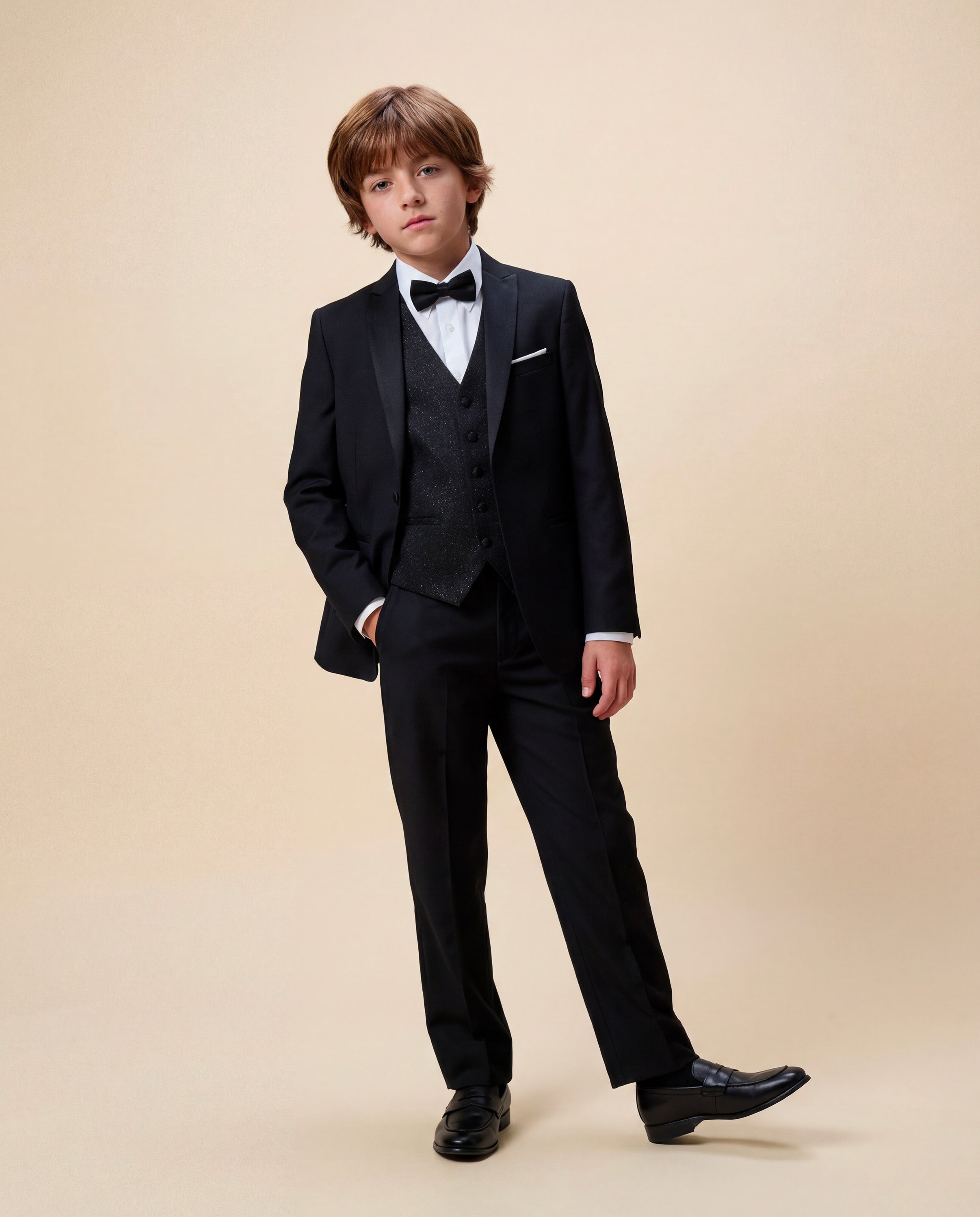 Alessandro Martinez Smoking Nero con Rever Satinato per Bambini
