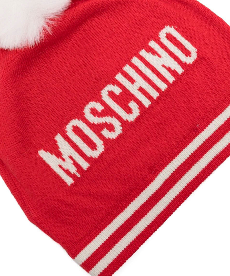 Moschino Kids Cappello in Maglia Rosso con Pon Pon (retro)