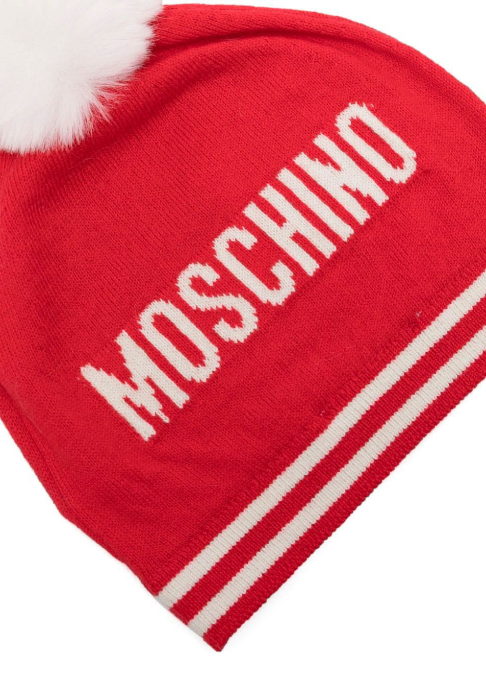 Moschino Kids Cappello in Maglia Rosso con Pon Pon (retro)