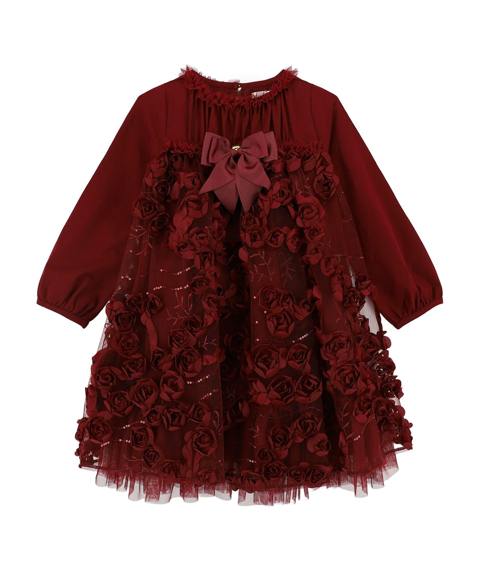 Angel's Face Abito Rosso con Tulle e Fantasia Rose con Fiocco per Bambine