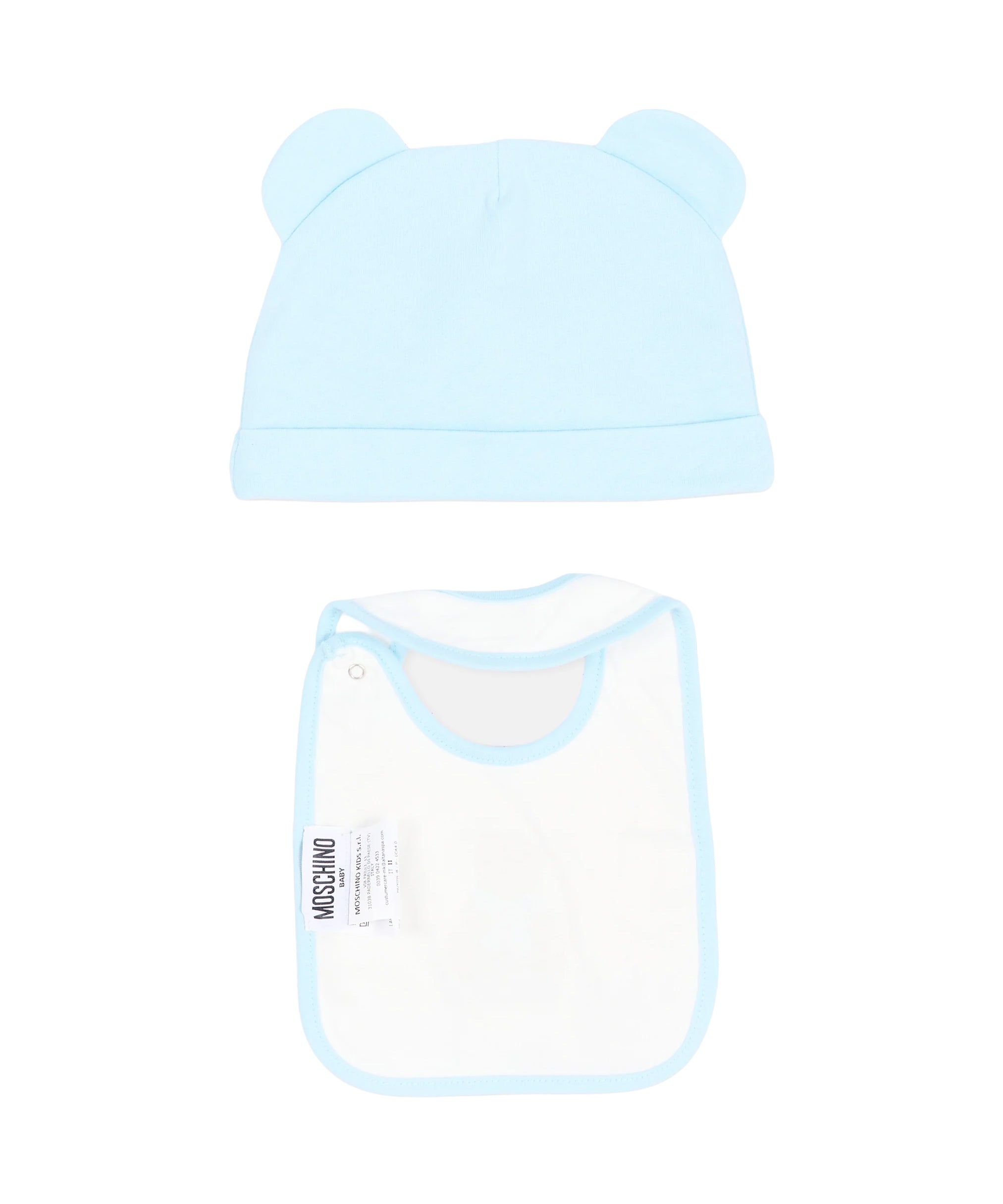 Moschino Kids Set Celeste con Cappellino a Orecchie e Bavaglino con Stampa Teddy Bear e Logo per Neonati