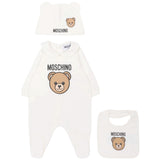 Moschino Kids Set Nascita Panna con Tutina, Cappellino e Bavaglino con Stampa Teddy Bear e Logo Unisex per Neonati