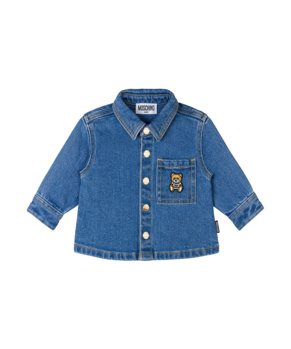 Moschino Kids Camicia Denim Light Blue con Ricamo Teddy Bear per Neonati