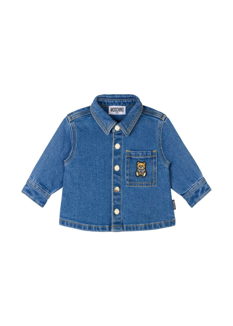Moschino Kids Camicia Denim Light Blue con Ricamo Teddy Bear per Neonati