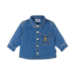 Moschino Kids Camicia Denim Light Blue con Ricamo Teddy Bear per Neonati