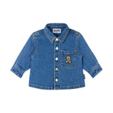 Moschino Kids Camicia Denim Light Blue con Ricamo Teddy Bear per Neonati