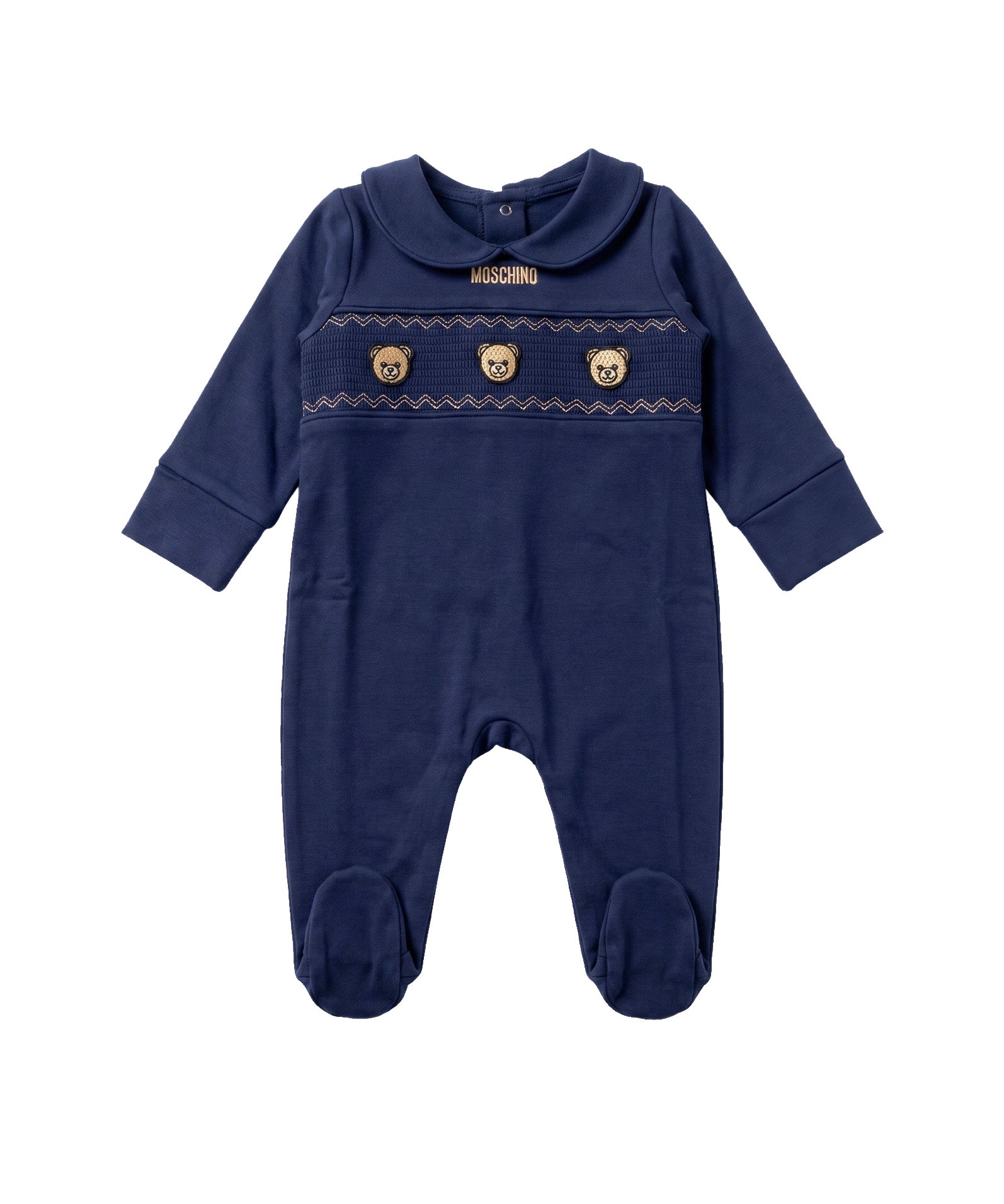 Moschino Kids Tutina Intera Blu Navy in Cotone con Teddy Bear Ricamati per Neonati