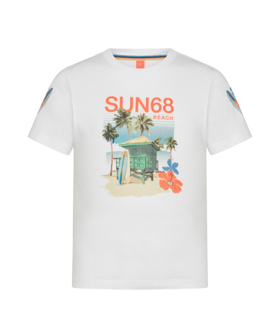 Sun68 Kids T-shirt Bianca/Verde con Stampa Logo per Bambini(fronte)