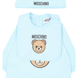 Moschino Kids Set Nascita Celeste con Tutina, Cappellino e Bavaglino con Stampa Teddy Bear e Logo per Neonati