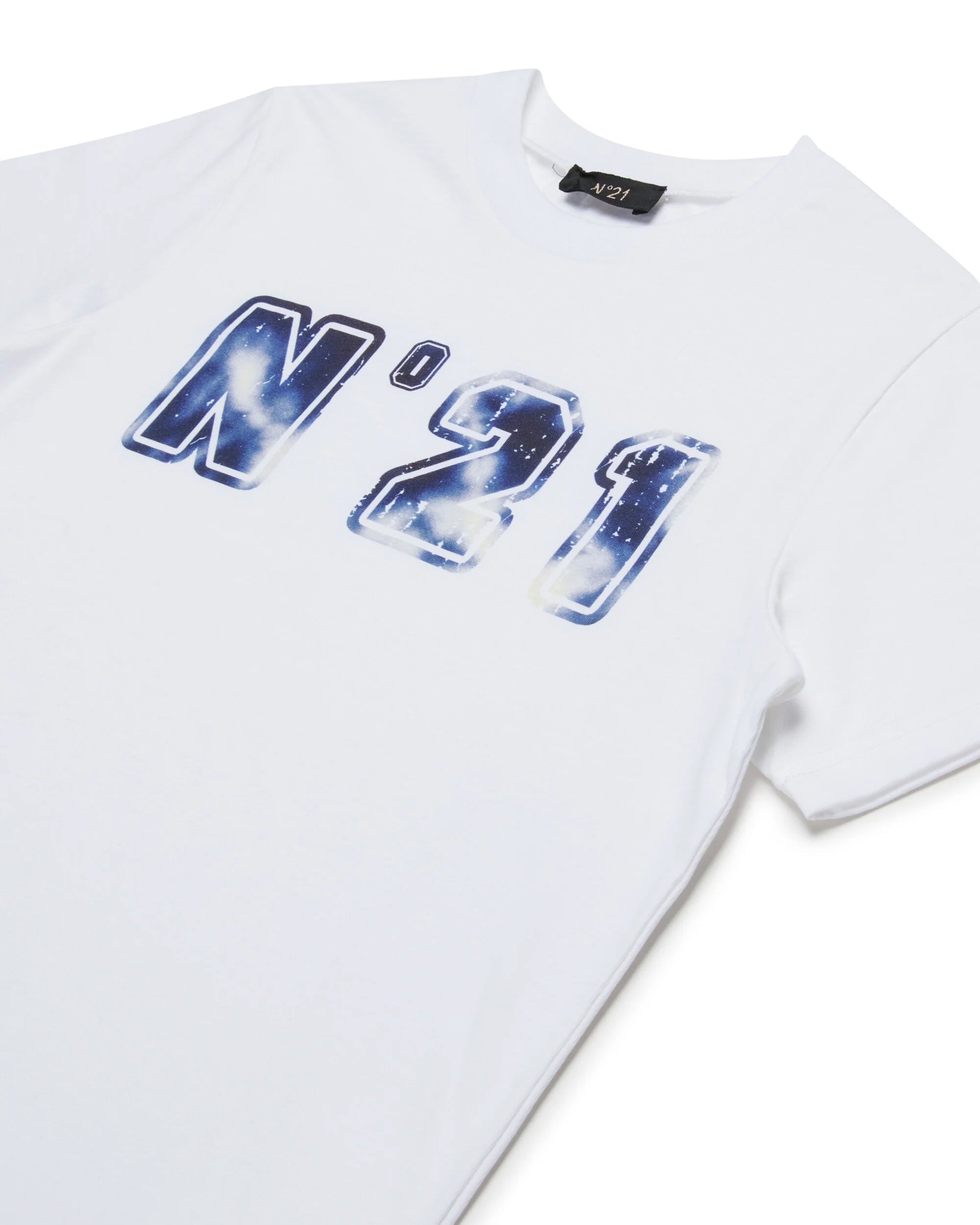 N21 Kids T-shirt Bianca Girocollo con Stampa Logo con Motivo Galassia per Bambini
