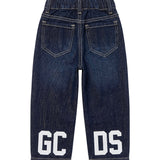 Gcds Kids Pantalone in Denim Blu Scuro con Logo sul Retro Unisex