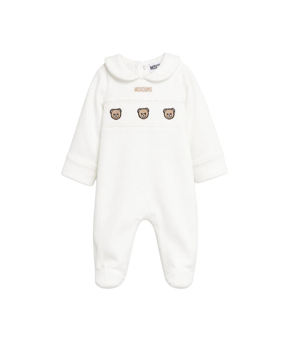Moschino Kids Tutina Panna con Colletto, Teddy Bear Ricamati e Logo Unisex per Neonati
