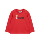 Moschino Kids Maglia Rossa a Maniche Lunghe con Stampa Teddy Bear e Cuore Glitter per Neonate