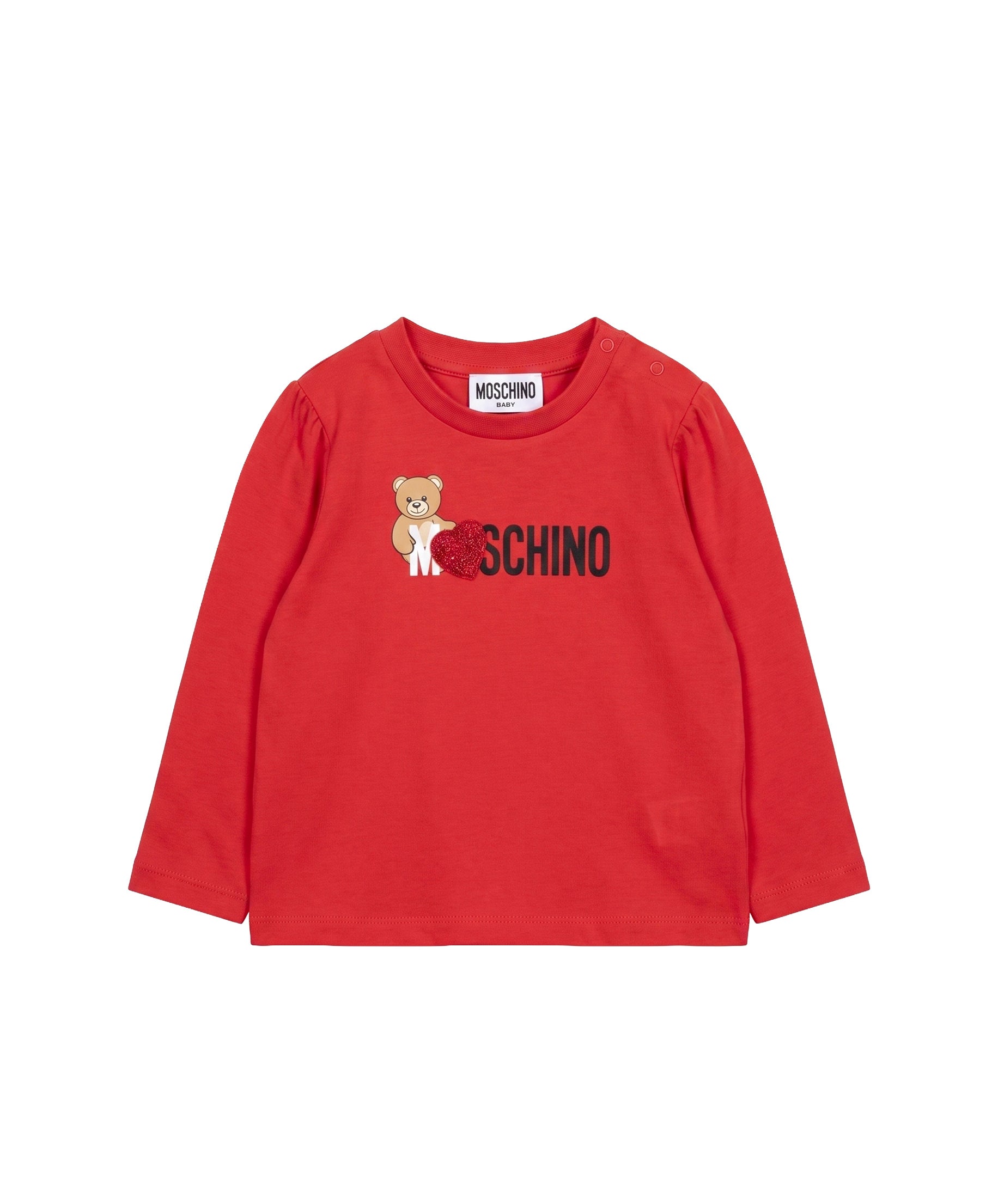 Moschino Kids Maglia Rossa a Maniche Lunghe con Stampa Teddy Bear e Cuore Glitter per Neonate