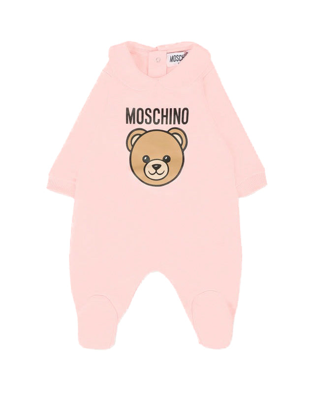 Moschino Kids Tutina con Bavetta e Cappellino Rosa con Logo per Neonate