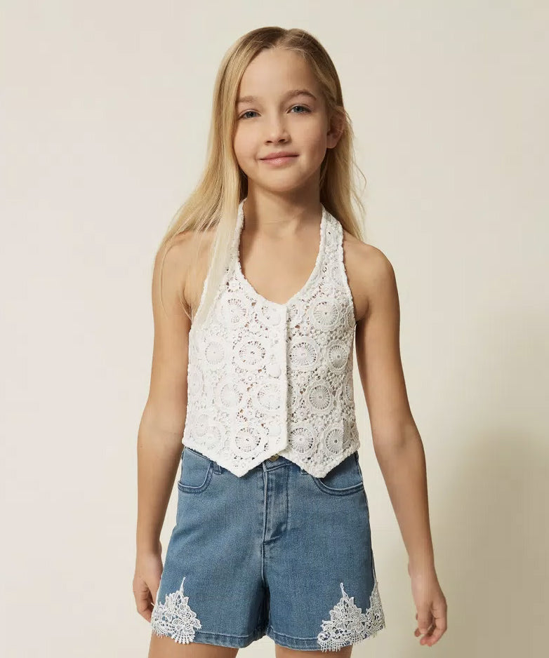 Twinset Kids Shorts in Denim con Dettagli in Pizzo per Bambine