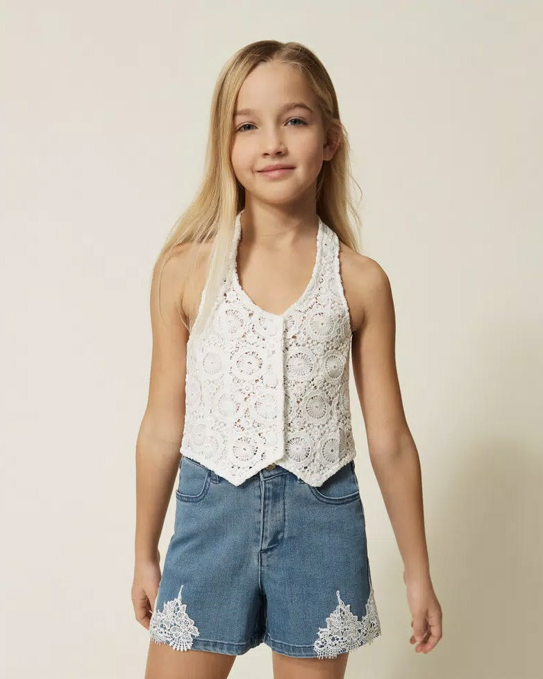 Twinset Kids Shorts in Denim con Dettagli in Pizzo per Bambine