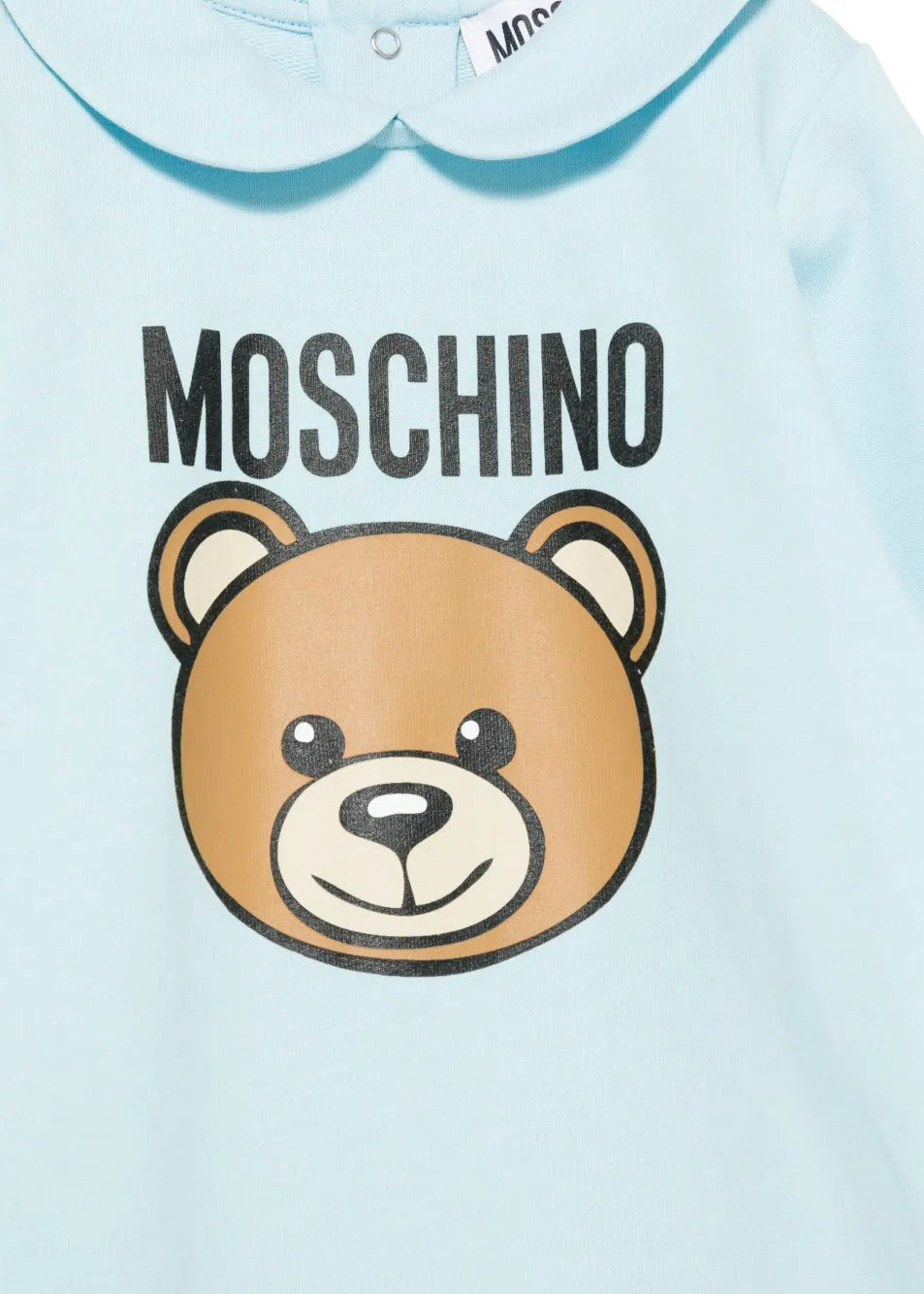Moschino Kids Tutina Celeste con Logo Teddy Bear per Neonati (dettaglio)