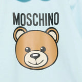 Moschino Kids Tutina Celeste con Logo Teddy Bear per Neonati (dettaglio)