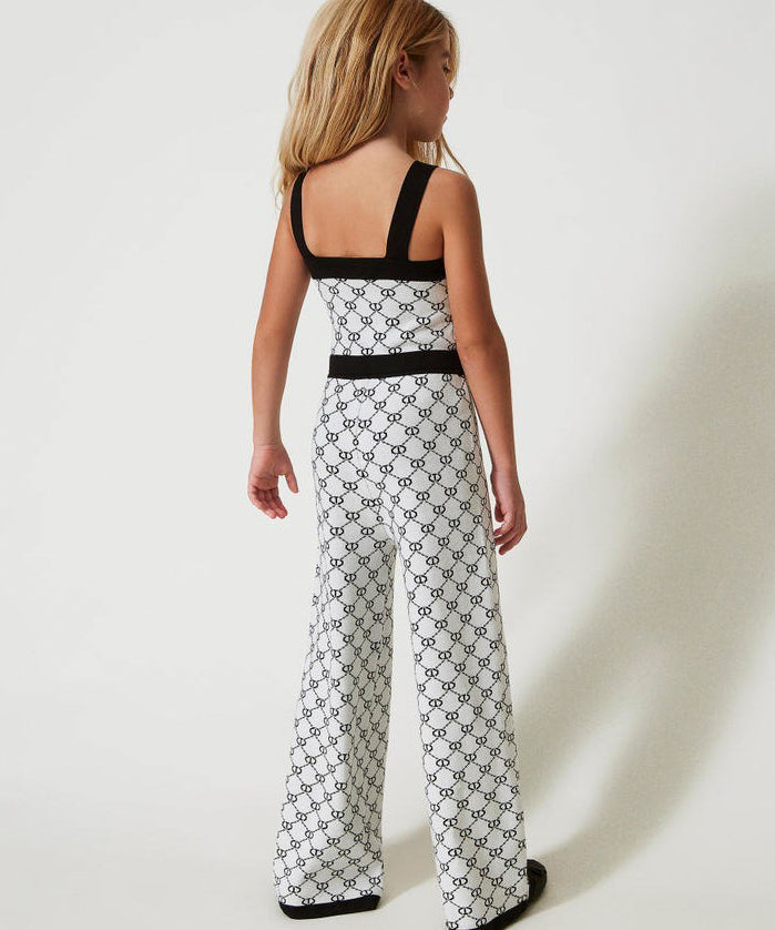 Twinset Kids Tuta in Filo Bianco/Nero con Logo Jacquard per Bambine