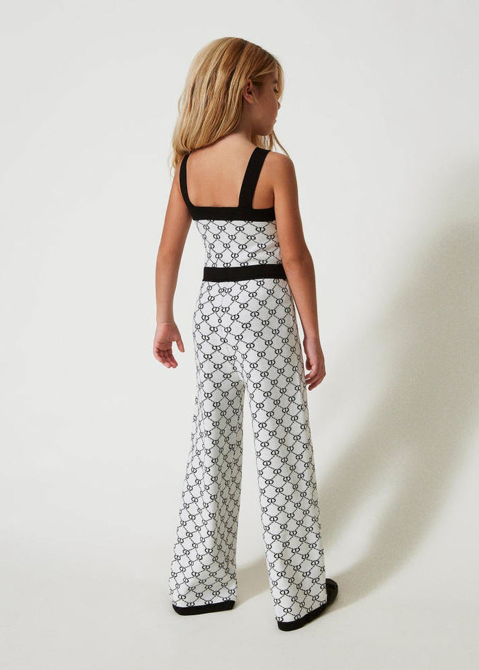 Twinset Kids Tuta in Filo Bianco/Nero con Logo Jacquard per Bambine