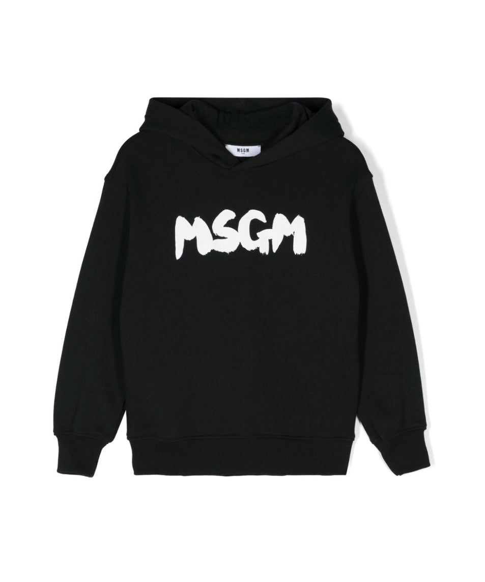 MSGM Kids Felpa Nera con Cappuccio con Stampa per Bambini