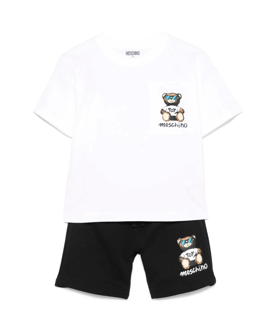 Moschino Kids T-Shirt Bianca con Shorts Neri con Stampa per Bambini