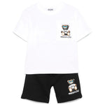 Moschino Kids T-Shirt Bianca con Shorts Neri con Stampa per Bambini