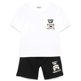Moschino Kids T-Shirt Bianca con Shorts Neri con Stampa per Bambini