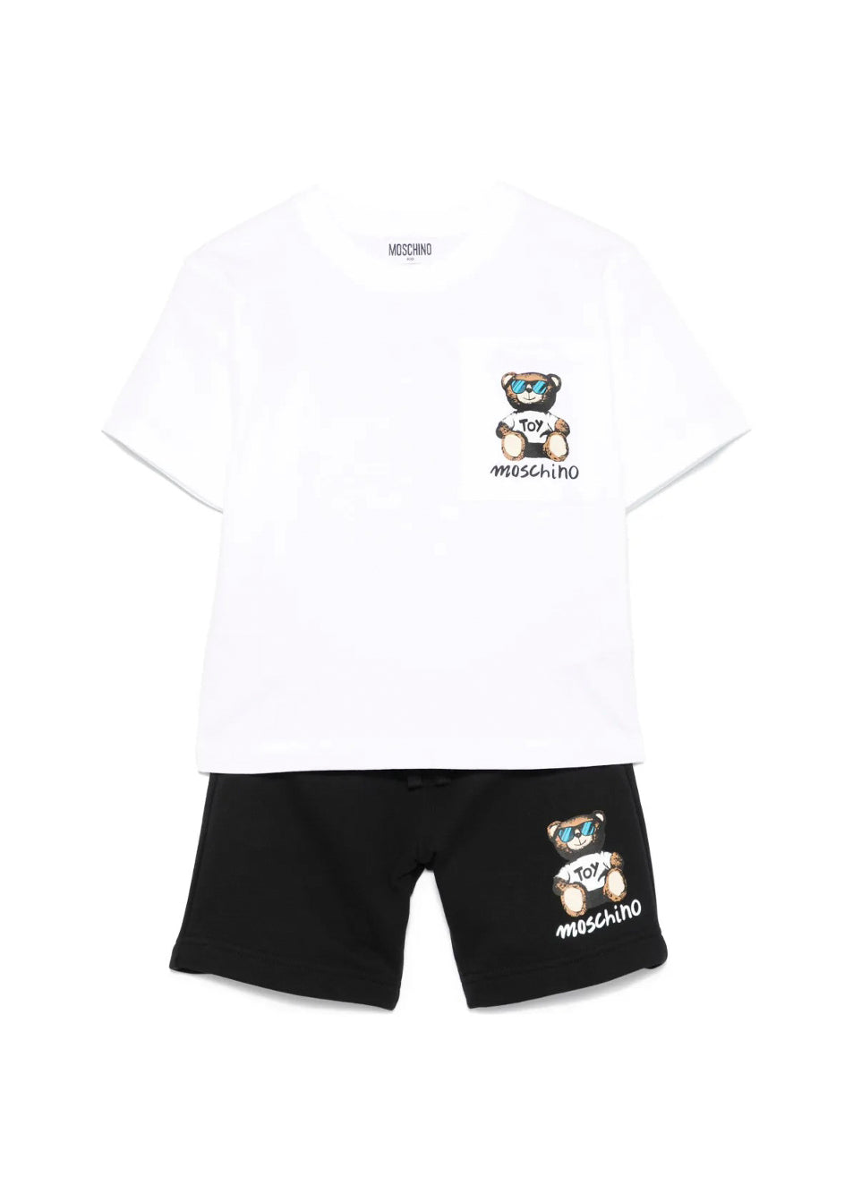 Moschino Kids T-Shirt Bianca con Shorts Neri con Stampa per Bambini