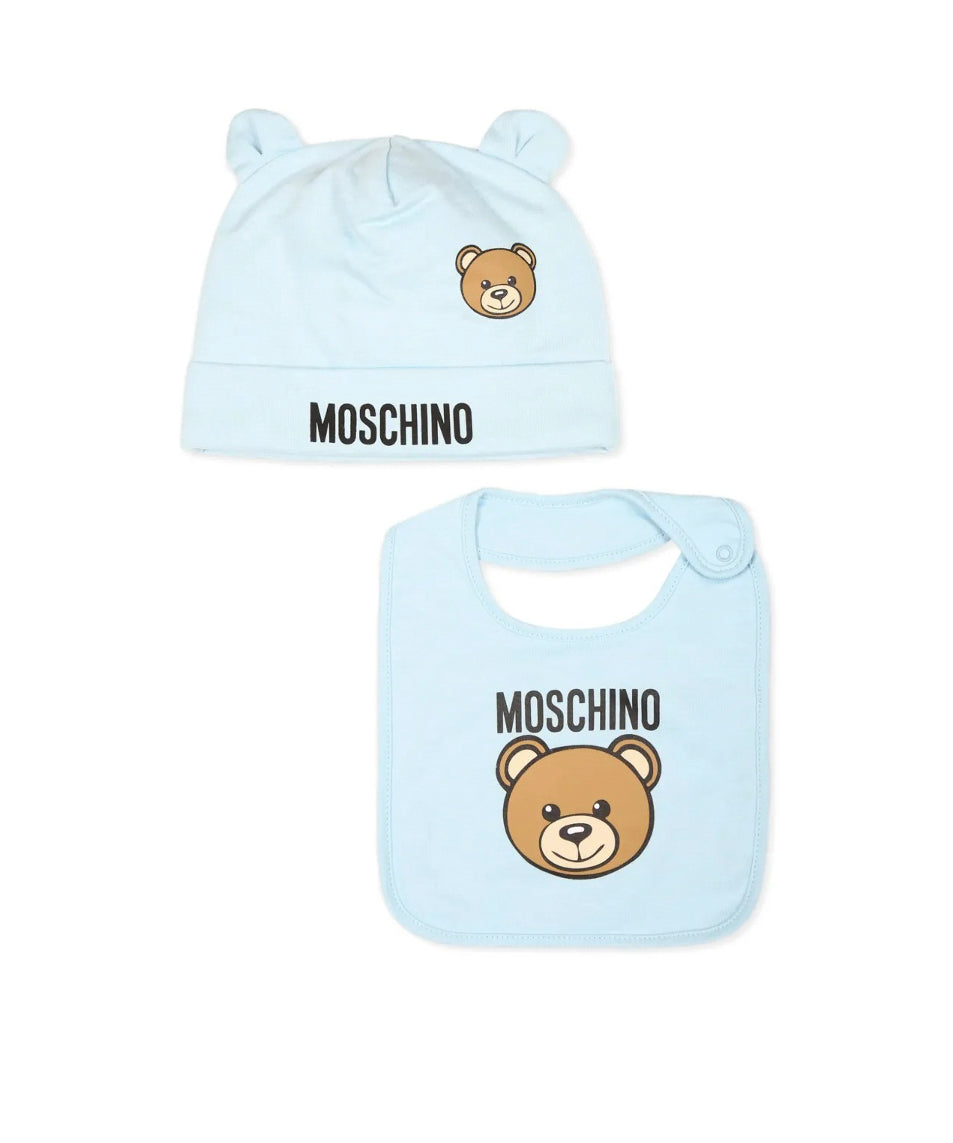 Moschino Kids Cappello con Bavetta Celeste con Logo Teddy Bear per Neonati