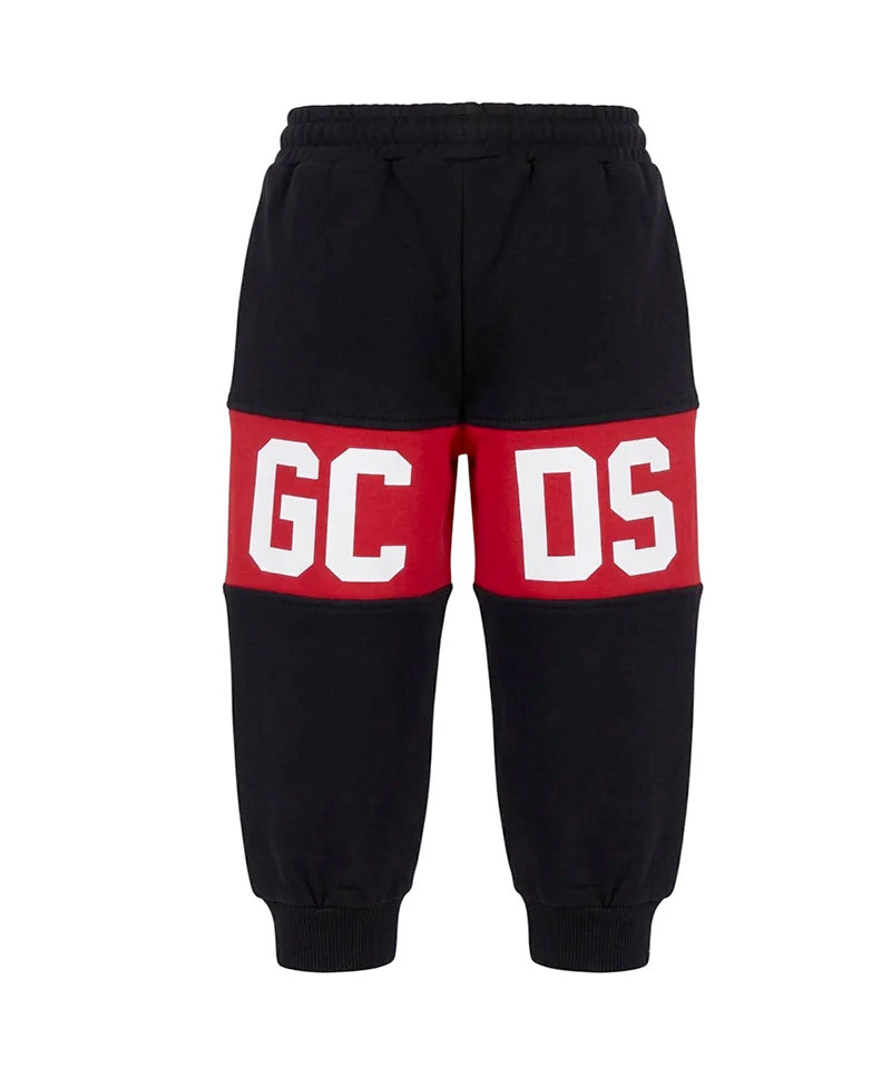Gcds Kids Pantalone Felpa Nero con Banda Logata Rosso Unisex
