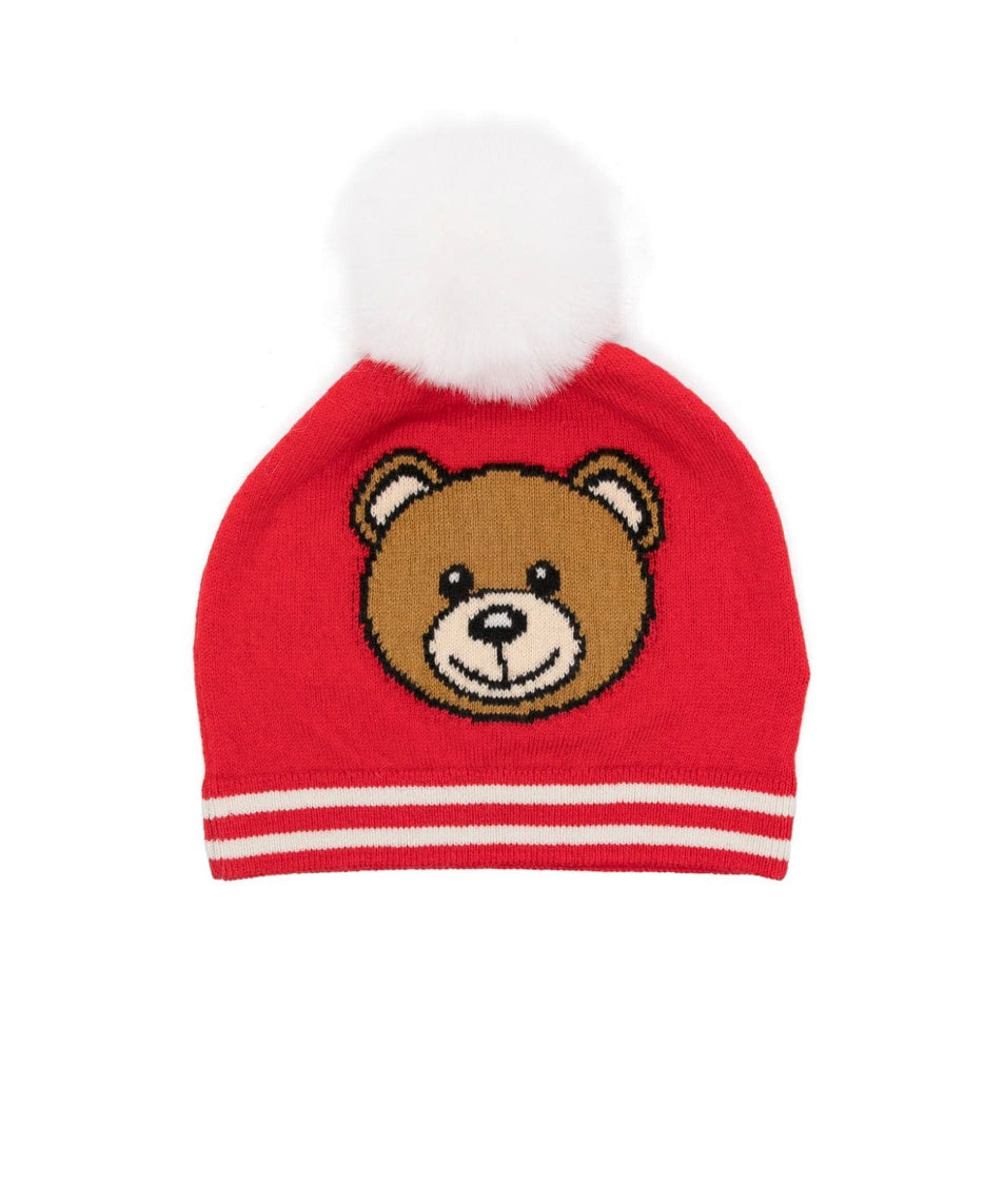 Moschino Kids Cappello in Maglia Rosso con Pon Pon