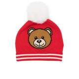 Moschino Kids Cappello in Maglia Rosso con Pon Pon