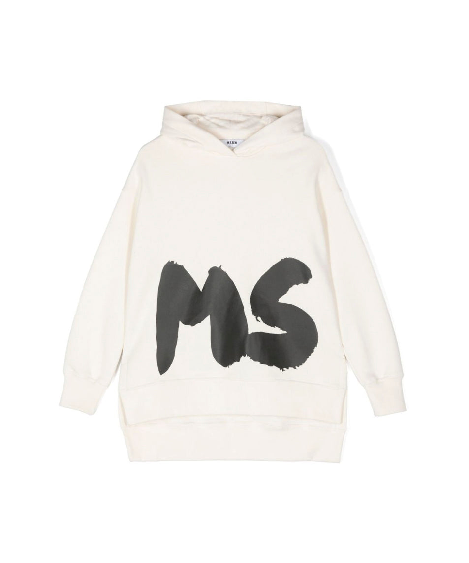 MSGM Kids Abito Crema con Cappuccio con Logo per Bambine 