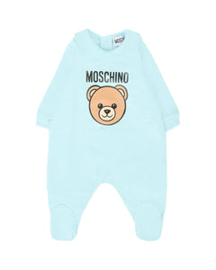 Moschino Kids Tutina Celeste con Logo Teddy per Neonati