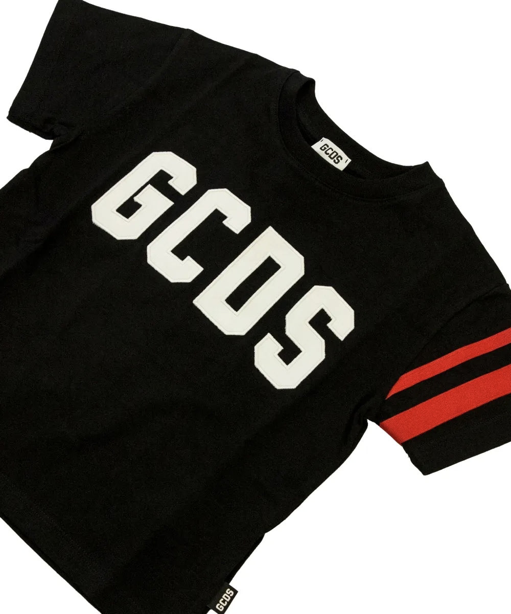 Gcds Kids T-Shirt Nero con Logo Bianco e Dettaglio Manica Fascia Rossa per Bambini