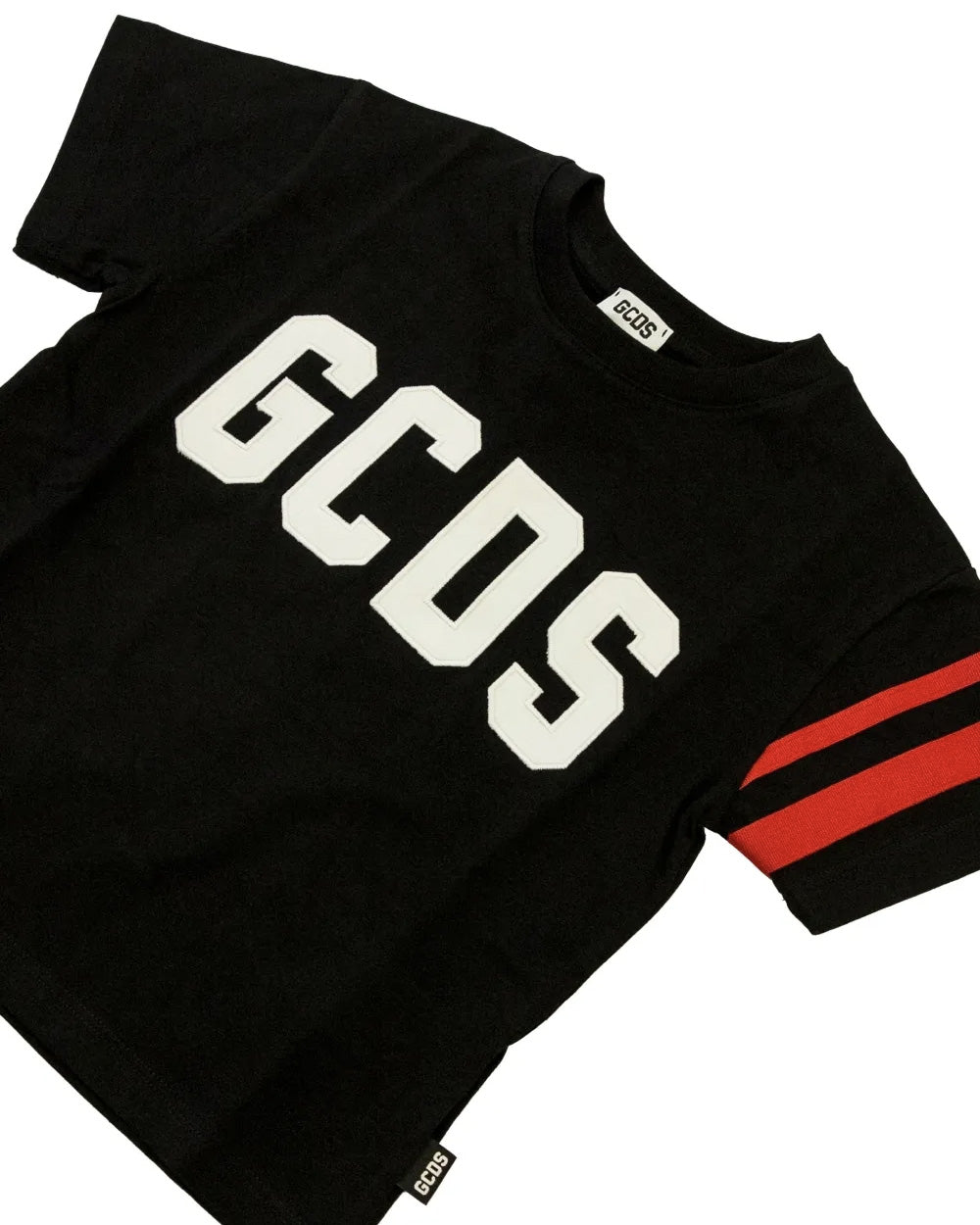 Gcds Kids T-Shirt Nero con Logo Bianco e Dettaglio Manica Fascia Rossa per Bambini
