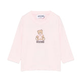 Moschino Kids Maglia Rosa a Maniche Lunghe con Stampa Teddy Bear e Logo per Neonate