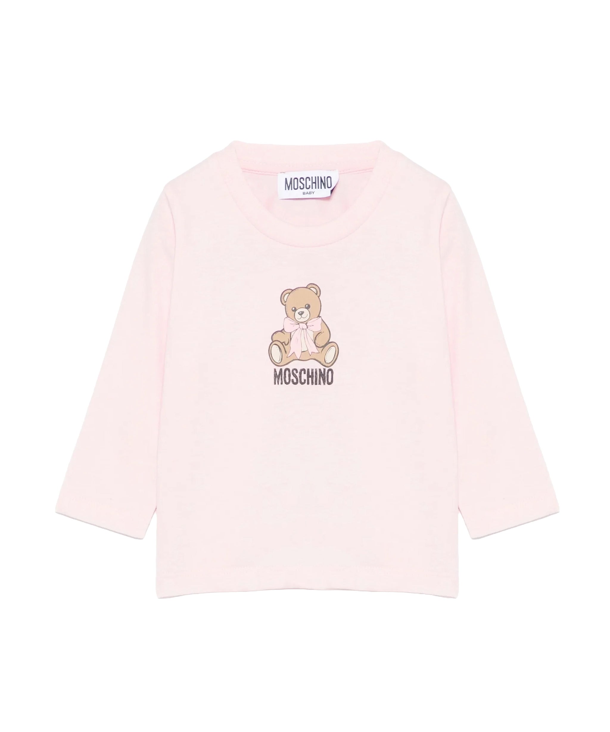 Moschino Kids Maglia Rosa a Maniche Lunghe con Stampa Teddy Bear e Logo per Neonate