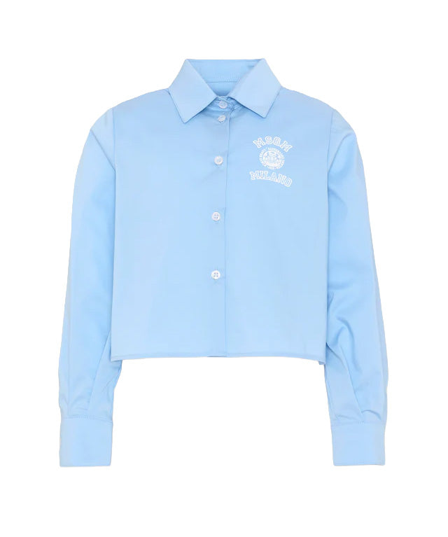 Msgm Kids Camicia Crop Celeste con Logo Bianco per Bambine
