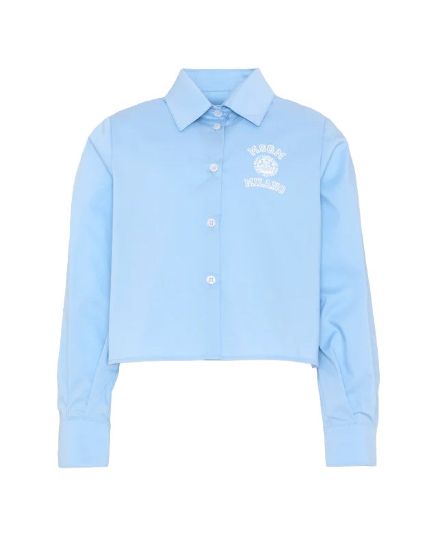 Msgm Kids Camicia Crop Celeste con Logo Bianco per Bambine