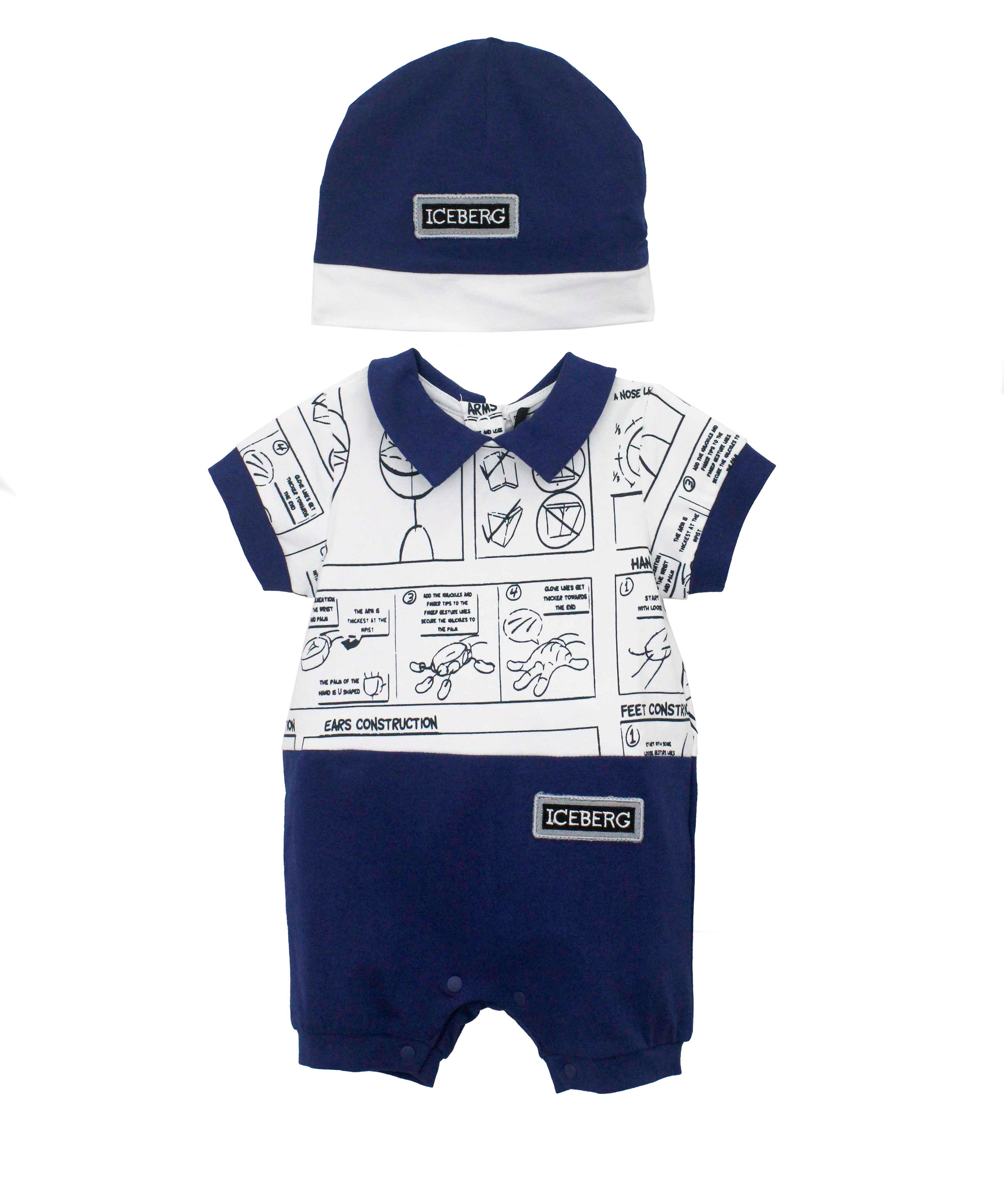 Iceberg Kids Pagliaccetto con Berretto Bianco/Blu con Stampa per Neonati (fronte)