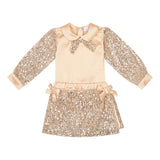 Deolinda Kids Completo 2pz Camicetta + Gonna Beige e Oro Glitter con Fiocco per Neonate