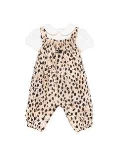 Elisabetta Franchi La Mia Bambina Completo Salopette con Motivo Animalier e Body Avorio per Neonate
