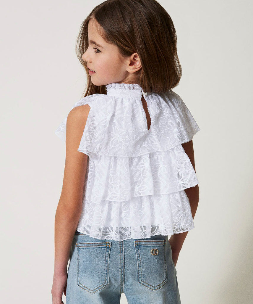 Twinset Kids Top Bianco in Tulle con Ricami per Bambine